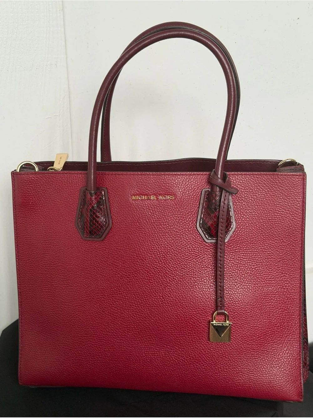 Well loved Michael Kors Burgundy Leather Tote with Snake-Print Wallet